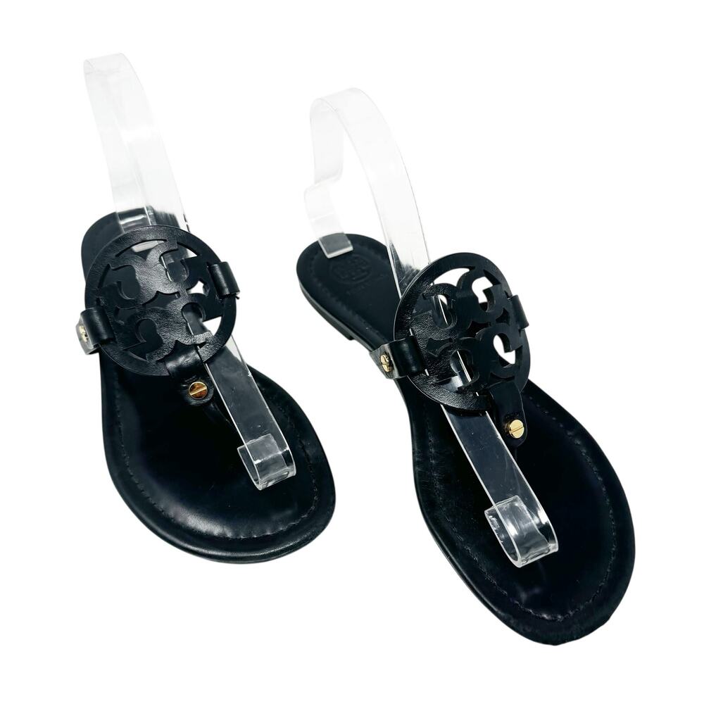 Tory Burch Miller Black Matte Leather Logo Medallion Flat Sandals Size 8